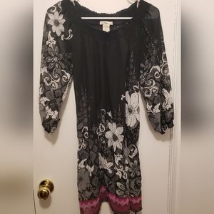 6 Degrees Floral Black, Pink, Gray 3/4 Sleeve Sheer Belted Dress Size Small
